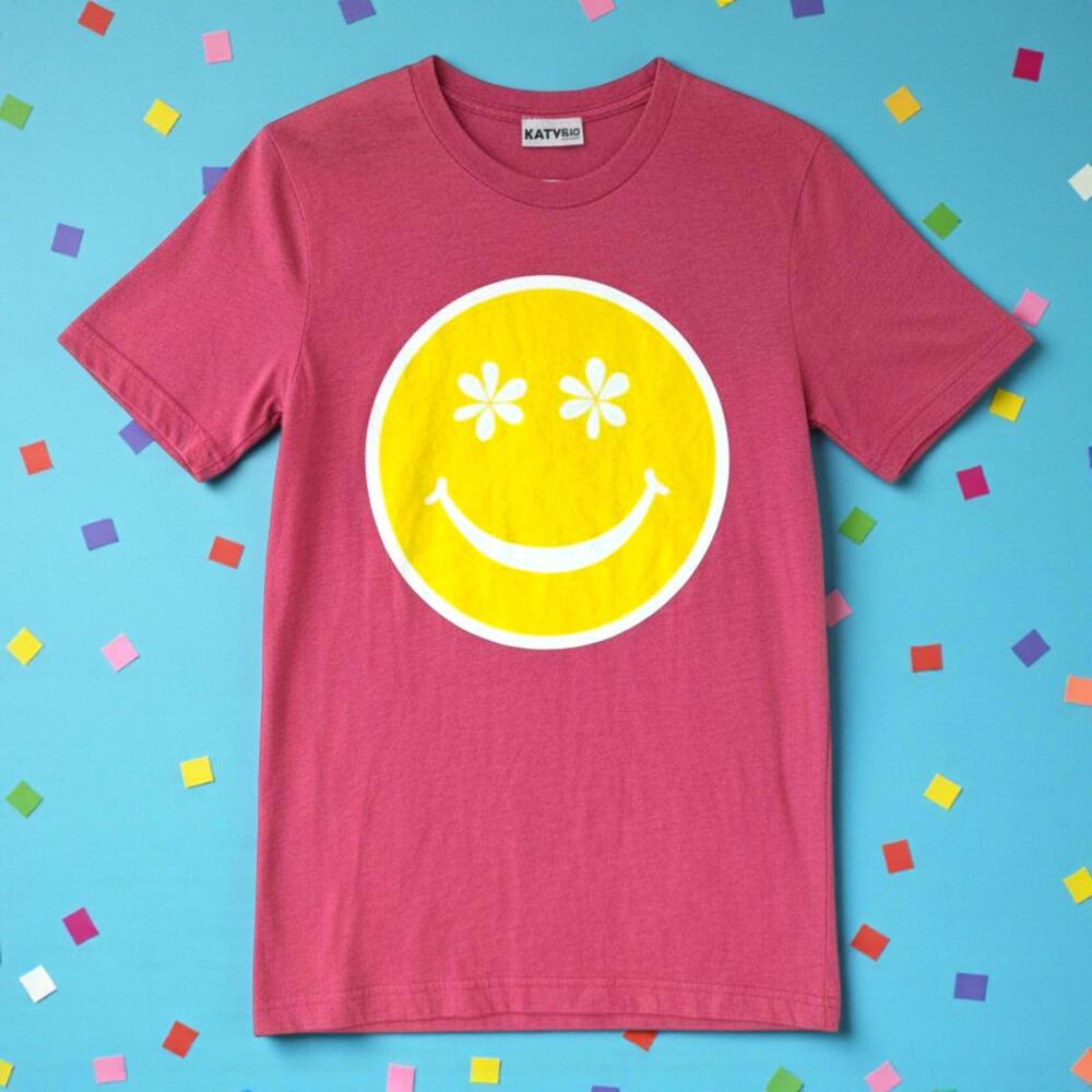 KATYDID Pink Women's M T-Shirt with Yellow Flower Eye Smiley Face Happy Graphic
